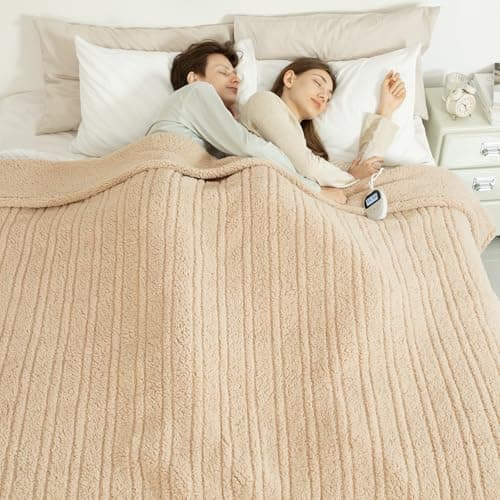 LUZARTA Electric Blanket Queen Size Single Control - 84"X90" Soft Double Sided Sherpa Heated Blanket with 6 Fast Heating Levels & 10 hrs Timer Settings, Washable & ETL Certified for Bed, Beige