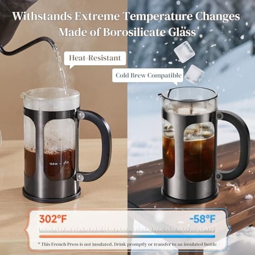 Veken French Press Coffee Maker 34oz, No Plastic Touching Cafe,Thickened Glass Stainless Steel Brewer, Cold Brew Cafetera Tea pot for Kitchen Travel Camping, Gifts, Decor, Bar Accessories, Dark Pewter 6