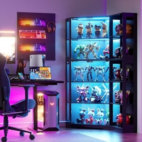 PAKASEPT Corner Display Curio Cabinet with Glass Doors, Glass Display Case with LED Lights for Collectibles,Display Storage Shelves for Living Room,Black 7