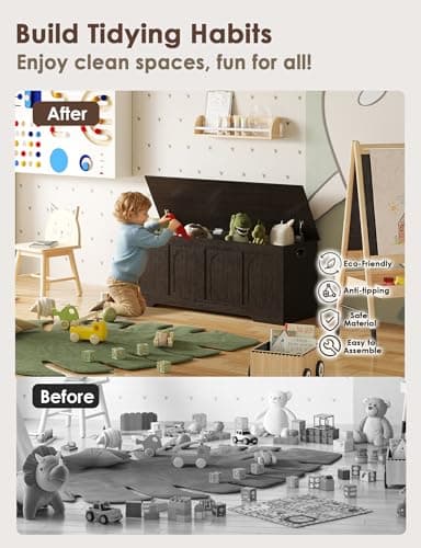 DINZI LVJ Storage Chest, 47.2”Wooden Storage Box with 2 Safety Hinges, Entryway Shoe Bench with Flip-Top, Large Trunk for Living Room, Bedroom, Easy Assembly, Espresso 9