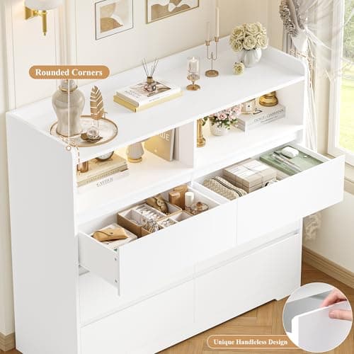 FOTOSOK White Dresser 6 Drawer, 47.2" Dresser for Bedroom Chest of Drawers with 2 Open Cabinets, Wood Dresser Modern Dresser Storage Drawers for Home & Office 6