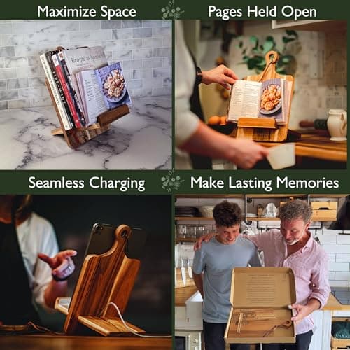 Wood Cookbook Stand for Kitchen Counter - Reversible Acacia Wooden Recipe Book Holder Stand - Cooking Measurement Conversion Card - Gift-Ready Adjustable Tablet Cook Book Holder - Charging Cable Slot 9