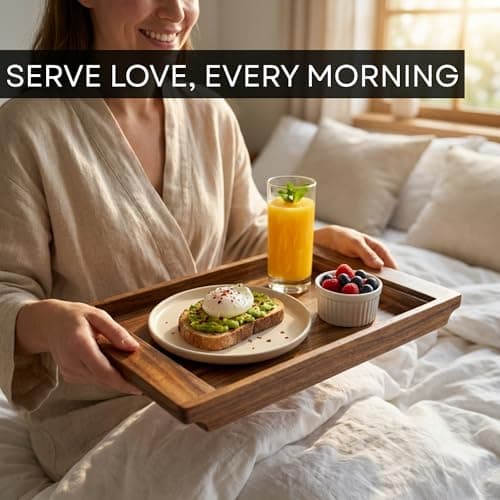 PANDAWOOD Wood Serving Tray with Handles - Large Acacia Wooden Tray for Coffee Table Ottoman Kitchen Counter - Decorative Food Tray Serving Platter - Rectangle Dinner Tray 15.7"x11" 7