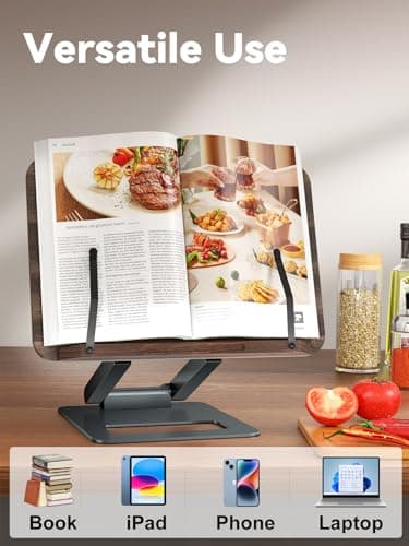 Tounee Book Stand, Telescopic Book Holder Stand, Adjustable Height Pull Out Design Ergonomic Cookbook Stand with Elastic Page Clips Fits All Books (Gray) 5