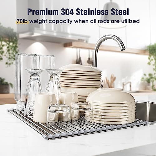 Tomorotec 17.7" x 15.5" Roll Up Dish Drying Rack Over Sink Drying Rack Sink Cover Kitchen Sink Accessories Gadget Multipurpose Organizer Foldable Stainless Steel Drainer (Grey) 5