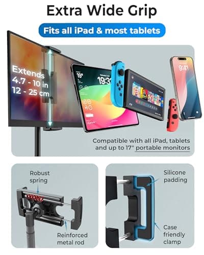 COOPER TabStand, 20" Tall iPad Stand for Desk, Portable Monitor Holder up to 17" Holds 4.4lb, Desktop Tablet Stand, Tablet Mount, Apple iPad Holder for Desk, for Samsung, Kindle, Fire (Night Black) 6