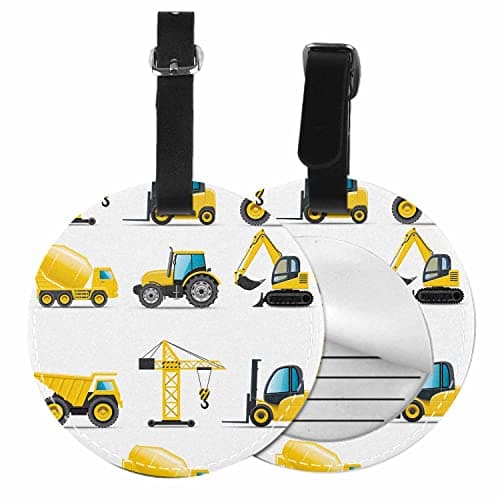 TKS MITLAN Yellow Building Machines Luggage Tags for Suitcases Mixing Truck Forklift Truck Crane Leather Baggage Suitcases Tag Name ID Label Privacy Cover Travel Bag Tags for Boys (Round 1 Pack)