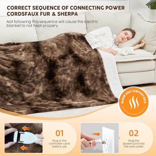 HYLEORY Faux Fur Heated Throw Blanket Electric - Soft Thick Flannel Heating Blanket with 5 Heat Levels & Auto-Off 3 Hrs, Fluffy Cozy Warm Bed Blankets for Christams Winter Office, Brown 6