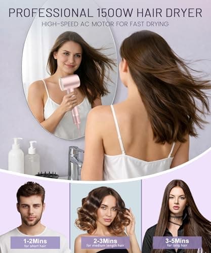 Cosy Companions High-Speed Ionic Hair Dryer, 150000 RPM Brushless Motor for 2-5 Min Fast Drying, Low Noise Blow Dryer Reduces Frizz & Heat Damage, Lightweight Hair Dryer with Diffuser & Nozzle, Pink 5
