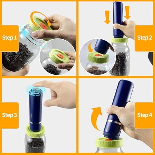 HSLGOVE Vacuum Sealer, Handheld Electric Mason Jar Vacuum Sealer Kit, Portable Food Sealer for Canning & Meal Storage, Includes 5 Reusable Bags, 10 Jar Lids & 2 Wine Sealers MatteBlue 6
