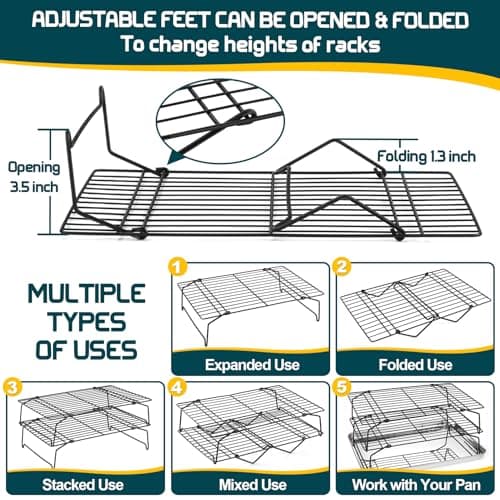 P&P CHEF Cooling Rack, 5-Tier Stainless Steel Stackable Baking Cooking Racks for Cooling Roasting Grilling, Collapsible & Heavy Duty, Oven Safe & Easy Clean, 15" x 10", Black 7