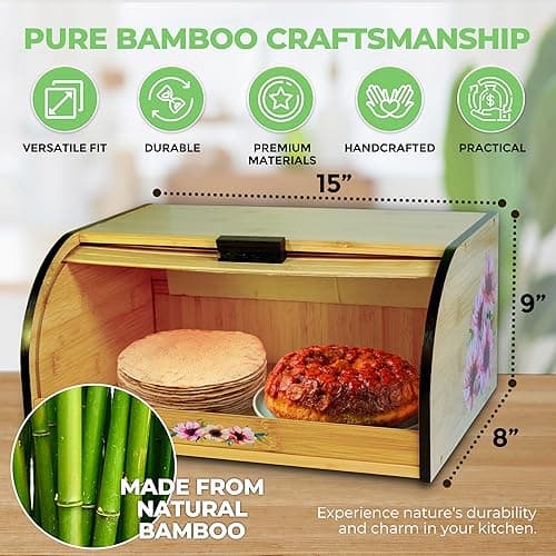 Luv UR Kitchen - Roll top Bread Box for Kitchen Countertop - All-Natural Bamboo Bread Box with Beautiful Flower Design - Ideal Breadbox for Kitchen Countertop Storage 6