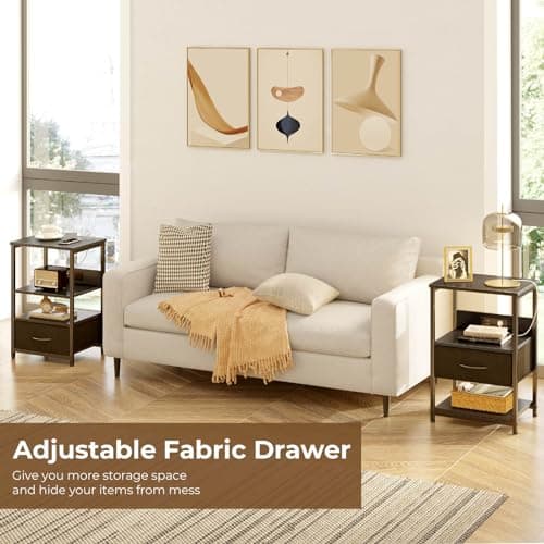 Seventable Nightstand with Charging Station, LED Bedside Table with Adjustable Fabric Drawer, Night Stand with Storage, 3-Tier Bed Side Table, End Table for Bedroom, Living Room, Black 6