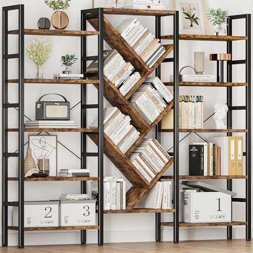 INNOD 70x70 Triple 5 Tier Book Shelf, Large Wooden Bookcase with 17 Open Display Shelf, Modern Tree Bookshelf Metal Frame Tall Book Case Furniture for Living Room Bedroom Home Office Rustic Brown