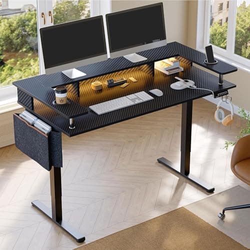 Bestier LED Electric Standing Desk Adjustable Height, 58x26 Inch Large Sit Stand Desk with Monitor Stand, Ergonomic Rising Office Workstation, Headphone Hook & Storage Bag