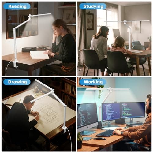 Airlonv LED Desk Lamp, Double Swing Arm Wide Lighting Area Desk Lamps for Home Office with Stepless Dimming, Eye-Caring Architect Desk Light with Clamp for Reading, Study, Workbench, Drafting(White) 8