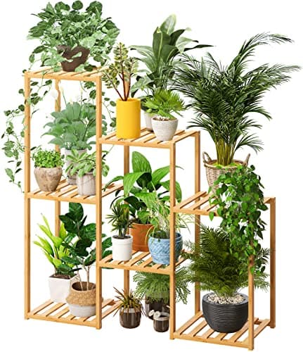 viewcare Plant Stand Indoor, Bamboo Wood Plant Stands, Corner Plant Shelf for Multiple Plants, 7 Potted Ladder Plant Holder Table Plant Pot Stand for Window Garden Balcony Living Room