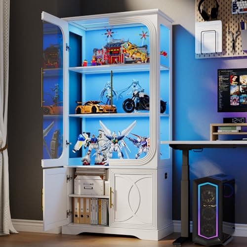 Lareth Display Cabinet with Glass Doors, 69 in Tall Bookcase with LED Lights, Glass Display Case Kitchen Pantry Cabinet, 5 Tier Curio Storage Cabinet for Living Room, Home Office, White 8