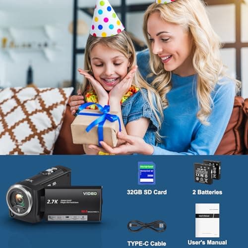 JAUAMAP Video Camera Camcorder, QHD 2.7K Camcorder 50MP 16X Digital Video Camera for YouTube, 2.8'' 270 Degree Rotation Screen Video Recorder Vlogging Camera with 32GB Card and Two Batteries, black 7