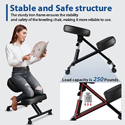 Ergonomic Kneeling Chair, Meditation Chair with Height Adjustable and Cushion for Home and Office, Posture Office Stool with an Angled Seat and Casters 8