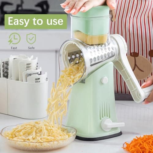 VEKAYA Rotary Cheese Grater, 5 in 1 Cheese Grater with Handle, Replaceable Stainless Blades Cheese Shredder, Cheese Vegetable Slicer, Easy to Clean Kitchen Gadgets with Storage Box 5