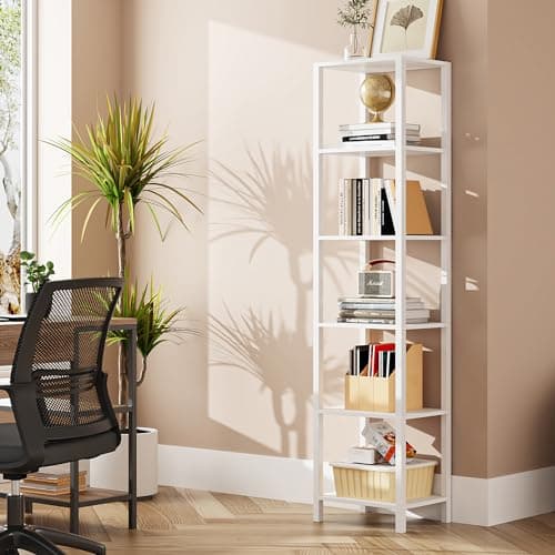 TUTOTAK Bookshelf, 6-Tier Tall Book Shelf, Narrow Bookcase for Small Space, DIY Stackable Bookshelf, for Living Room, Office, Study, Entryway, Industrial, White BS01BW006