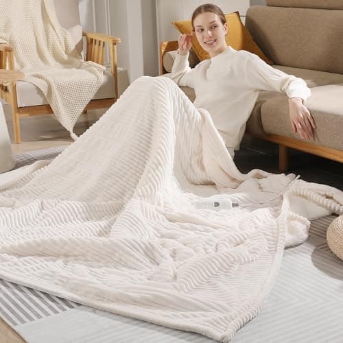 Zorvixia Electric Heated Blanket Thow 50''x60'' - Fast Heating Blanket Striped Pattern Flannel & Cuddly Sherpa Electric Blanket Throw with 5 Heat Settings & 4 Hour Auto Off, Great Gift to Elderly 8