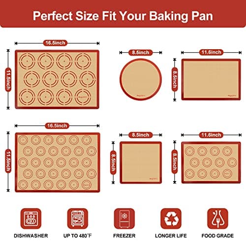 Silicone Baking Mat Set of 6, Easy Clean & Non-Stick Food Grade Reusable Baking Mat, Silicon Baking Mats Oven Liner Sheet, Round & Square Cake Mat, Pastry Board Rolling Dough Mats for Macaron Cookie 7