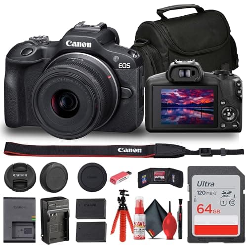 Canon EOS R100 Mirrorless Camera with 18-45mm Lens (6052C012) + Bag + 64GB Card + LPE17 Battery + Charger + Card Reader + Flex Tripod + Cleaning Kit + Memory Wallet