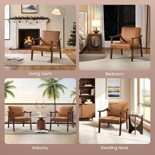 Yaheetech PU Leather Accent Chair, Mid-Century Modern Armchair with Solid Wood Legs, Reading Leisure Chair with High Back for Living Room Bedroom Waiting Room, Set of 2, Brown 8