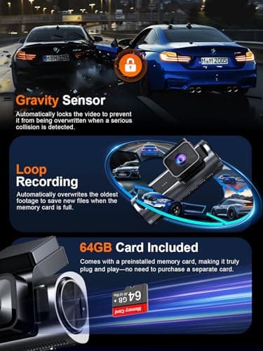 Nanoby 4K 3 Channel Dash Cam Front and Rear Inside, Built-in 5.8GHz WiFi GPS, 64GB Card Included, 4K+1080P+1080P Dash Camera for Cars, 3.18'' IPS Screen Dashcam with G-Sensor, 24H Parking Monitor 6