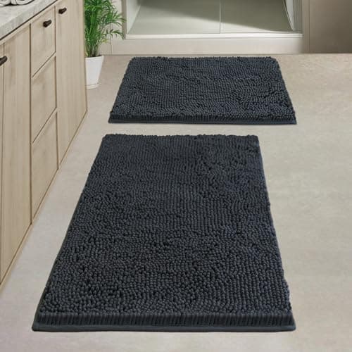 Flotstiga Bathroom Rugs Chenille, Extra Thick and Absorbent, Non-Slip, Machine Washable, Dry Quckily, Soft Cozy Plush, Used Under Shower Bathtub and Sink, Bath mat Sets 2Piece Dark Grey