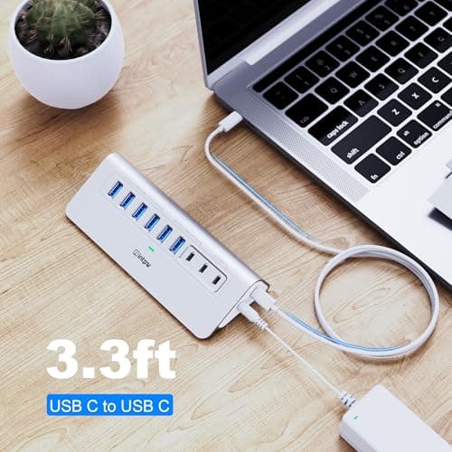Powered USB Hub 10Gbps, intpw 9-Port USB 3.2 Hub, USB C Hub with USB A/USB C 3.2, 4 USB 3.0, 2 PD 45W Charging Ports, 65W Power Adapter and 3.3FT Cable, Aluminum USB Hub for Laptop, iPhone 17/16/15，PC 8