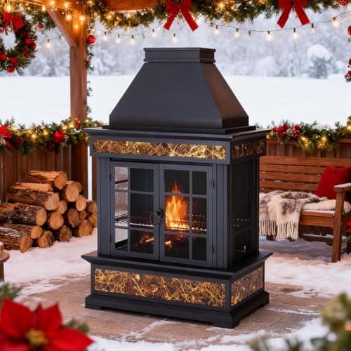 EROMMY 57" Outdoor Fireplace, Tile Finish Wood Burning Steel Fire Pit with Removable Ash Pan & Grate, Chimney, Fire Poker, Rain Cover, Idea for Backyard, Patio, Party 8