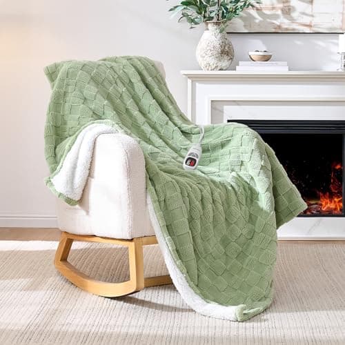 Yokimisu Heated Throw Blanket 50"x60" - 9-Level Fast Heating & 1-10H Timer, Fluffy Plush Blanket with Snap Buttons for Secure Fit, Soft Cozy Gift for Women/Men, for Couch, Bed & Office, Green