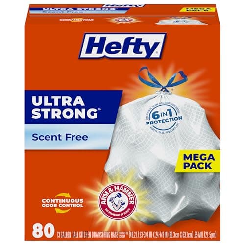Hefty Ultra Strong 13 Gallon Trash Bags, Tall Kitchen Trash Bags 13 Gallon Size, Drawstring Closure, Continuous Odor Control, White, Unscented, 80 Bags
