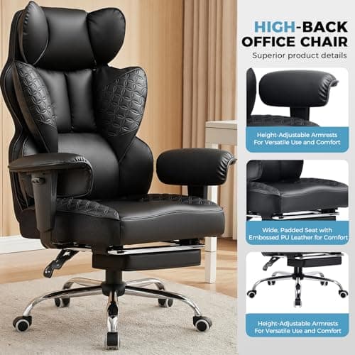 COMHOMA Big and Tall Office Chair Heavy Duty Wide Ergonomic Gaming Chair with Deluxe Embossing Designed Leather with Foot Rest,150°Reclining Adjustable Armrests Pocket Spring Back Support and Pillow 9
