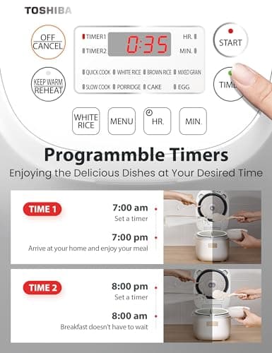 Toshiba Mini Rice Cooker, 3 Cups Uncooked Small Rice Cooker, Steamer & Warmer, With Fuzzy Logic And One-Touch Cooking, 24 Hour Delay Timer And Auto Keep Warm Feature, White 7