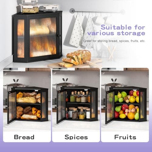 Wieghda Corner Bread box for Kitchen Countertop,Farmhouse Acrylic Wavy Door Panel Food Storage Large White Bread box Container 7