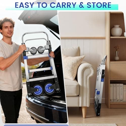 Upgraded 3 in 1 Aluminum Folding Hand Truck, 600 lbs Convertible Heavy Duty Dolly Cart, Collapsible Hand Trucks with 4 Rubber Wheels and Retractable Handle for Home, Warehouse, Supermarket(Blue) 6