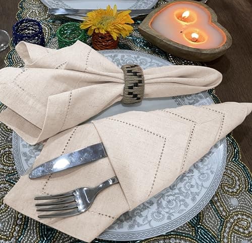Bedding Craft Linen Flax Cotton Cloth Dinner Napkins Set of 12 – 18x18 Natural Fabric with Hemstitched Mitered Corners – Machine Washable Wedding, Cocktail & Party Table Napkins 9