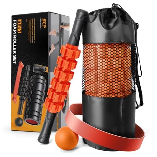 SUBCULTUREPICK 5-in-1 Foam Roller Set for Deep Tissue Muscle Massage, Trigger Point Fitness Tool with Muscle Stick Roller, Massage Ball, Stretching Strap for Whole Body (Orange-New) 9