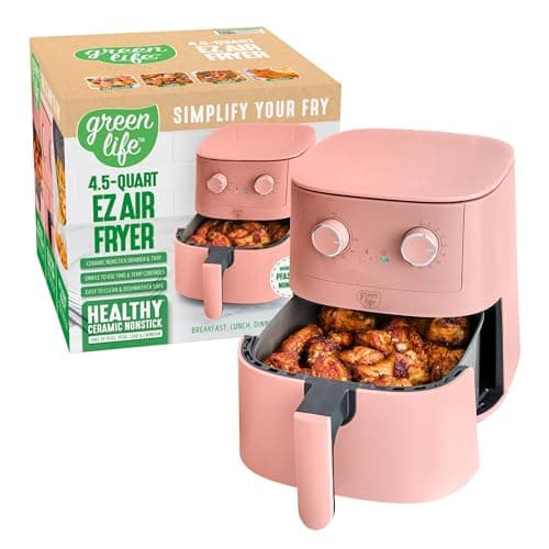 GreenLife 4.5QT Air Fryer, Mechanical Dial Controls, PFAS-Free Ceramic Nonstick Drawer, Adjustable Temp & Timer, LED Indicator, Oil-Less Cooking, Dishwasher Safe, Compact Family Size, Pink