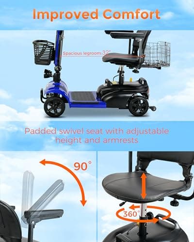 MOVEMAGIC 30 Miles Long Range 4 Wheel Electric Mobility Scooter, Foldable Travel Scooter for Adults with 350W Motor, 300 lb Capacity, 720Wh Battery, Dual Baskets (Blue, Modern Style) 7