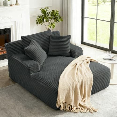 Tmsan 50" Oversized Chaise Lounge Sofa Chair Indoor, Modern Corduroy Sleeper Sofa Cloud Couch with 3 Soft Pillows, Comfy Single Seat Floor Chair for Living Room Apartment Office (Dark Grey)