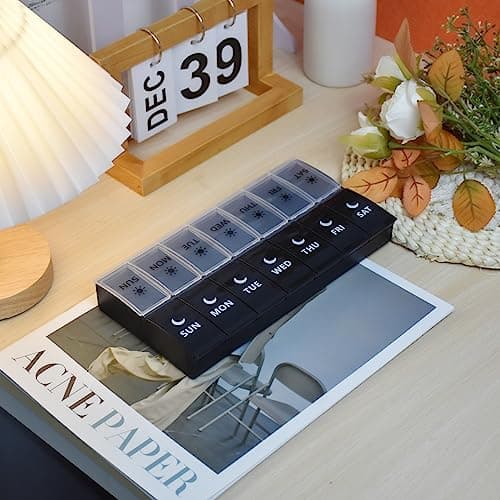 Large Pill Organizer 2 Times a Day, Weekly Pill Case, AM PM Pill Box, Day Night Pill Container 7 Day, Vitamin Case Medicine Dispenser Twice a Day (Black & White) 7