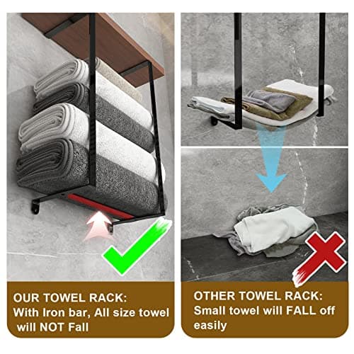 ZUJJAFY Wall Mounted Towel Racks with Wooden Shelf & 3 Hooks, Towel Holder for Small Bathroom Wall Decor, Bath Towel Storage for Rolled Towels Organizer, Matte Black 5