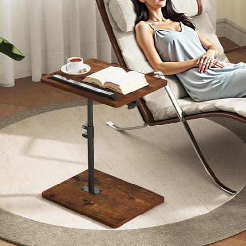 MAHANCRIS TV Tray Table, Sofa Armrest Tray Table for Couch, 360° Swivel Height Adjustable End Table, Snack Side Table with Phone and Tablet Slot, C Shaped Rustic Brown ETRB4501 5