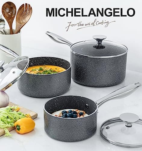 MICHELANGELO Sauce Pan with Lid, Granite Saucepans with Lids, 1Qt & 2Qt & 3Qt Sauce Pan Sets, Nonstick Saucepan Set with Stainless Steel Handle, Oven Safe, Grey 7