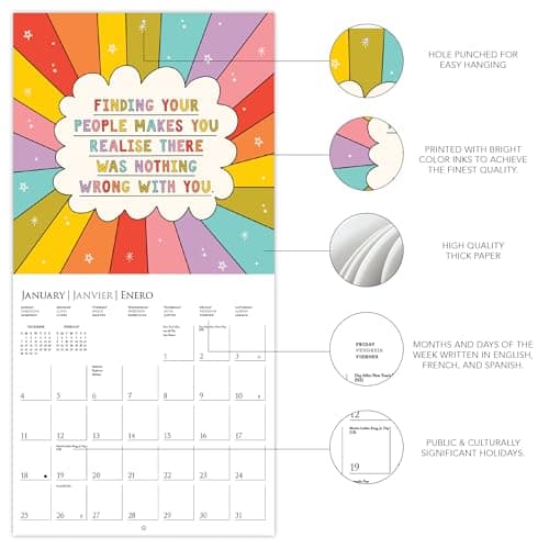 Graphique 2026 The Positive Calendar Wall Calendar | 12” x 12” | Thick Paper | Home & Office Organizer | Large Monthly Grid | 3 Languages & Marked Holidays | 4 Month Preview Page for 2027 3